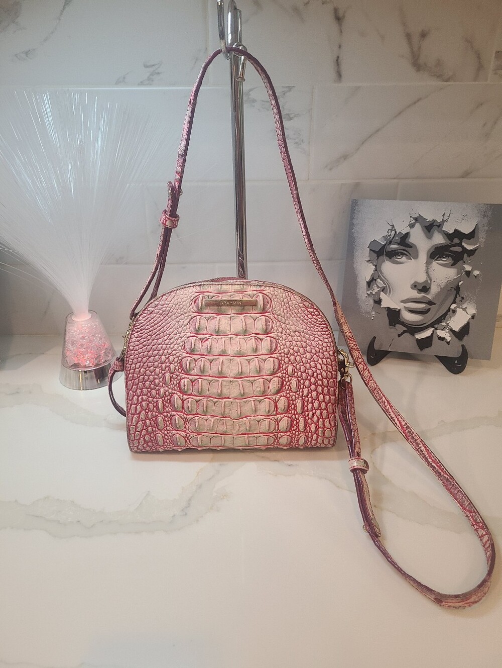 BRAHMIN Watermelon Ombre Melbourne Leather Dome Crossbody Bag Pink Green Gold